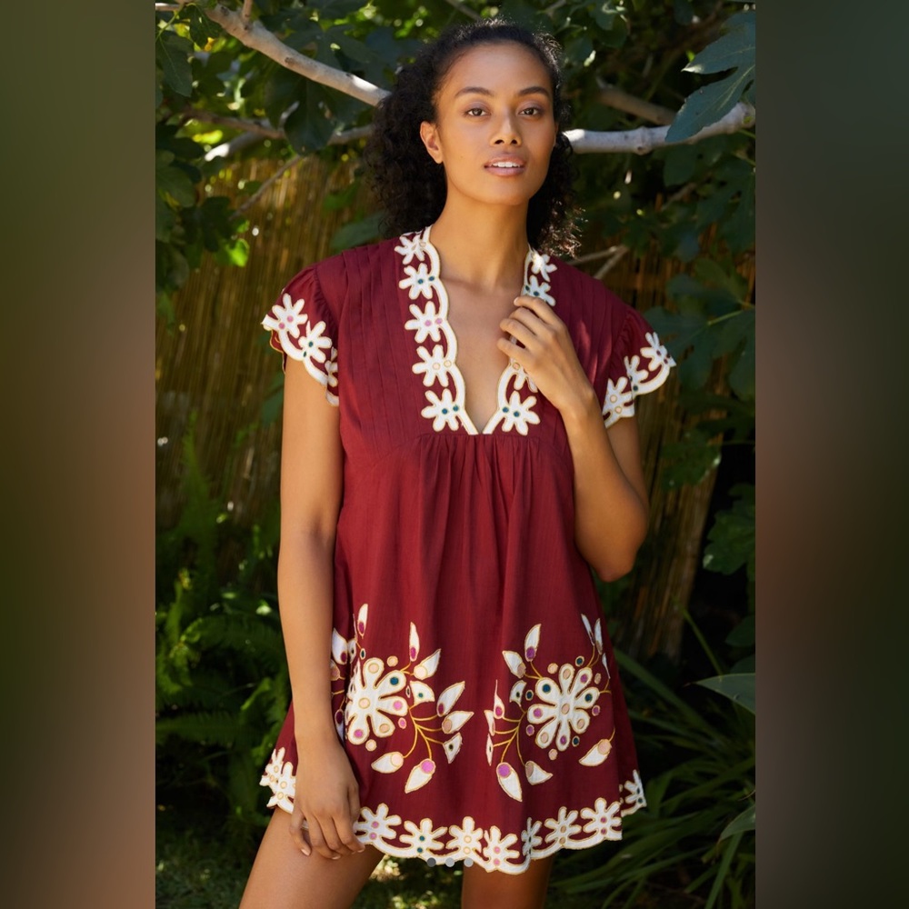 🆕 NWT Anthropologie Pintuck Embroidered Mini Dress size XL wine